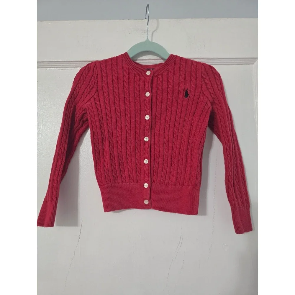 Ralph Lauren Little Girls Mini-Cable Cotton Cardigan 5Y-red